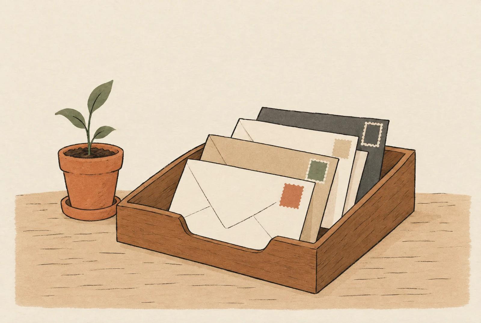Envelopes with stamps of different colours arriving in a wooden letter tray, a small potted sprout beside it