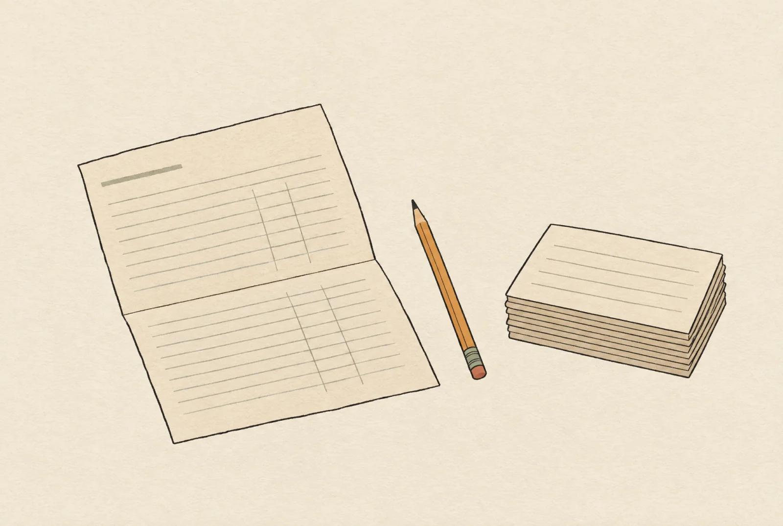 A folded paper statement beside a neat stack of index cards, each holding one of its lines