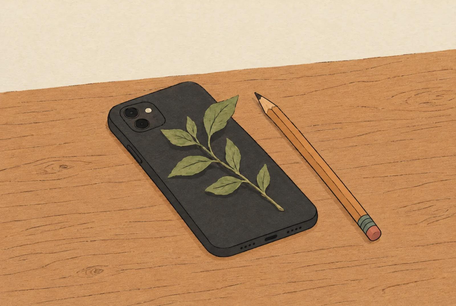A phone lying face down on a desk with a sprig of green leaves across its back