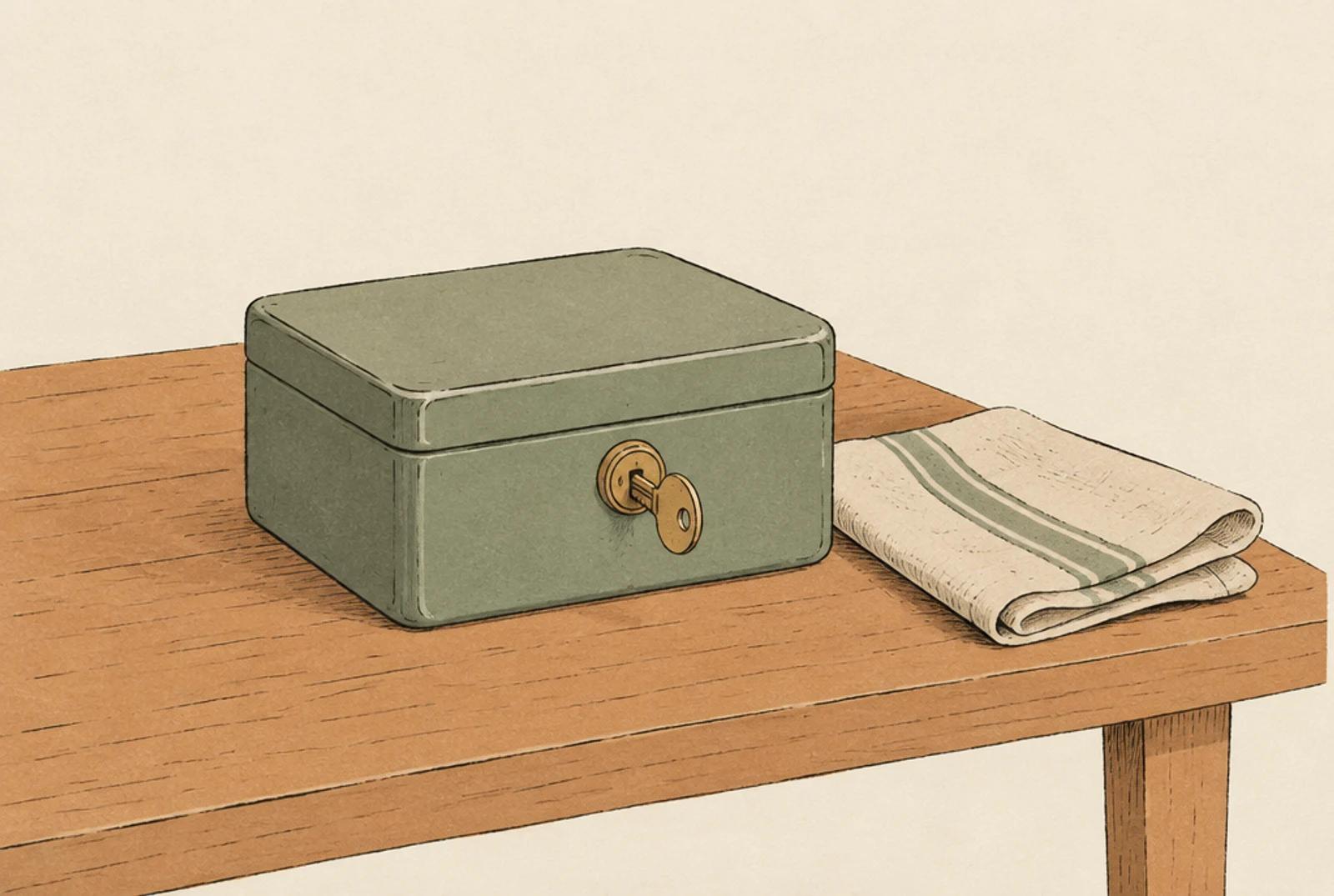 A small cash box on a kitchen table, closed, its key sitting in its own lock