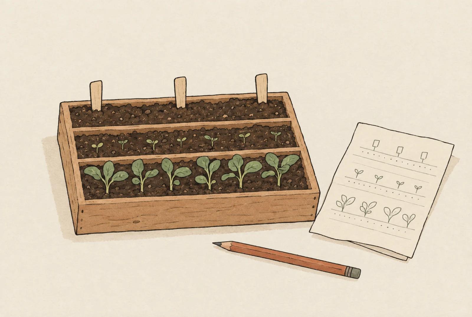 A seed tray with three rows: young seedlings in front, sprouts in the middle, bare soil with blank markers at the back
