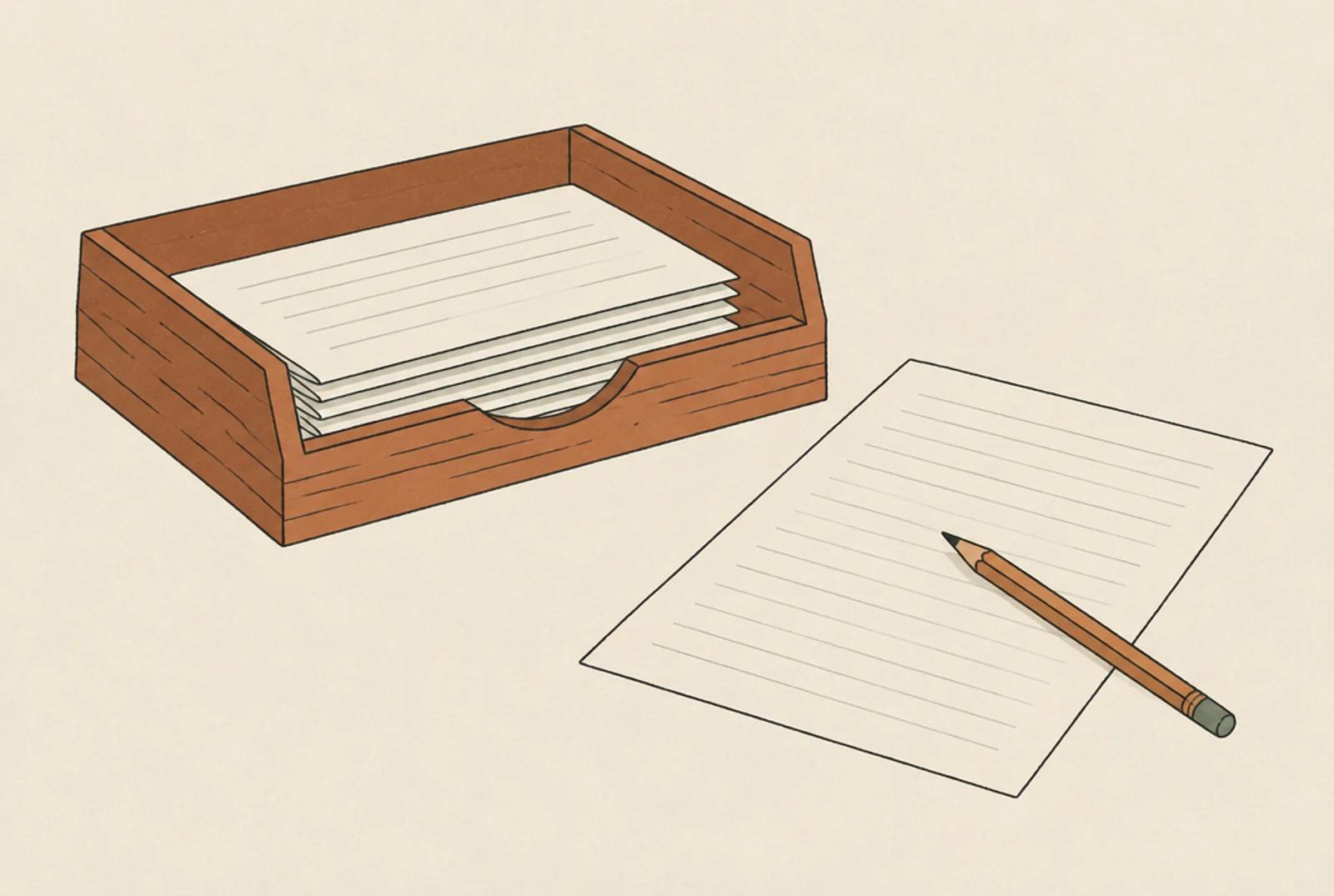 Bank statements in a wooden tray, with a pencil ready beside them