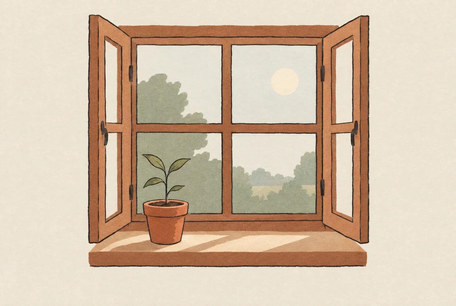 An open wooden window with four panes, a young seedling in a pot on the sill