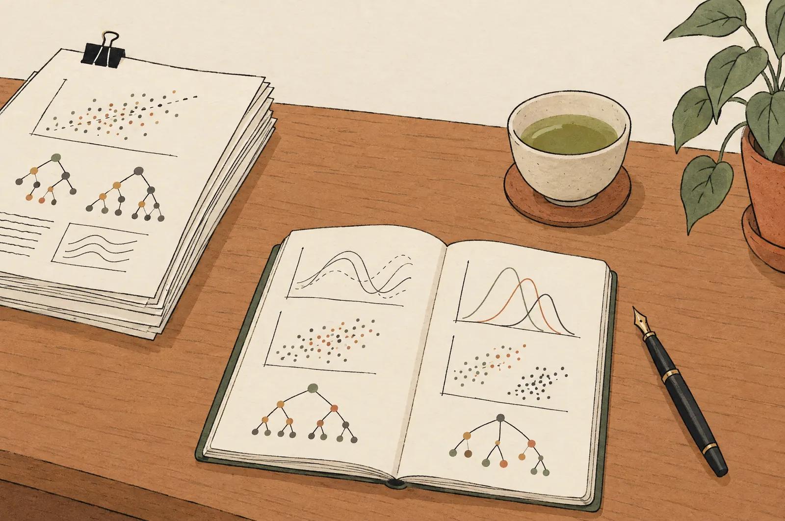 A wooden desk with a clipped stack of research papers, a notebook of hand-drawn curves and diagrams, a fountain pen and a cup of green tea.