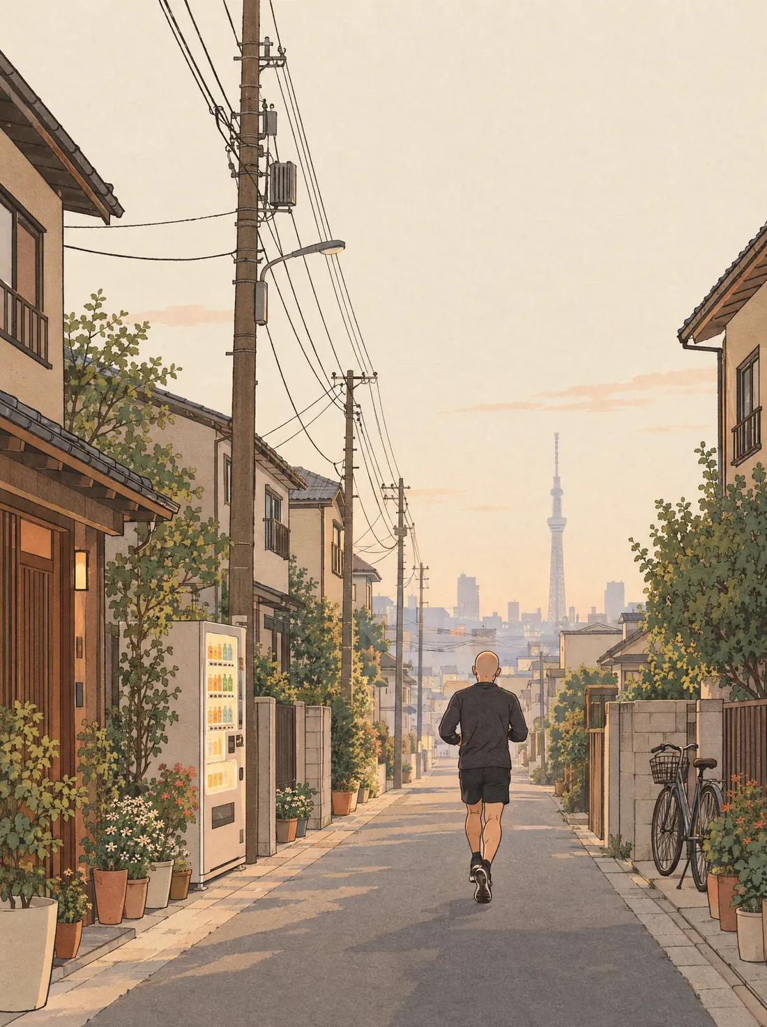 A runner with a shaved head, seen from behind, jogging down a narrow Tokyo residential lane at dawn, past power lines, a vending machine and potted plants, with the Skytree on the horizon.