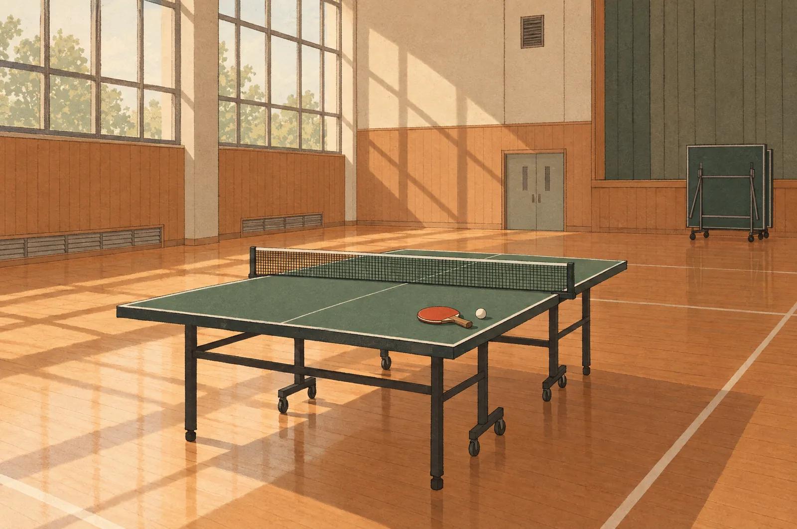 A table tennis table in a quiet Japanese school gym, a paddle and a white ball resting on it, afternoon light slanting across the wooden floor.