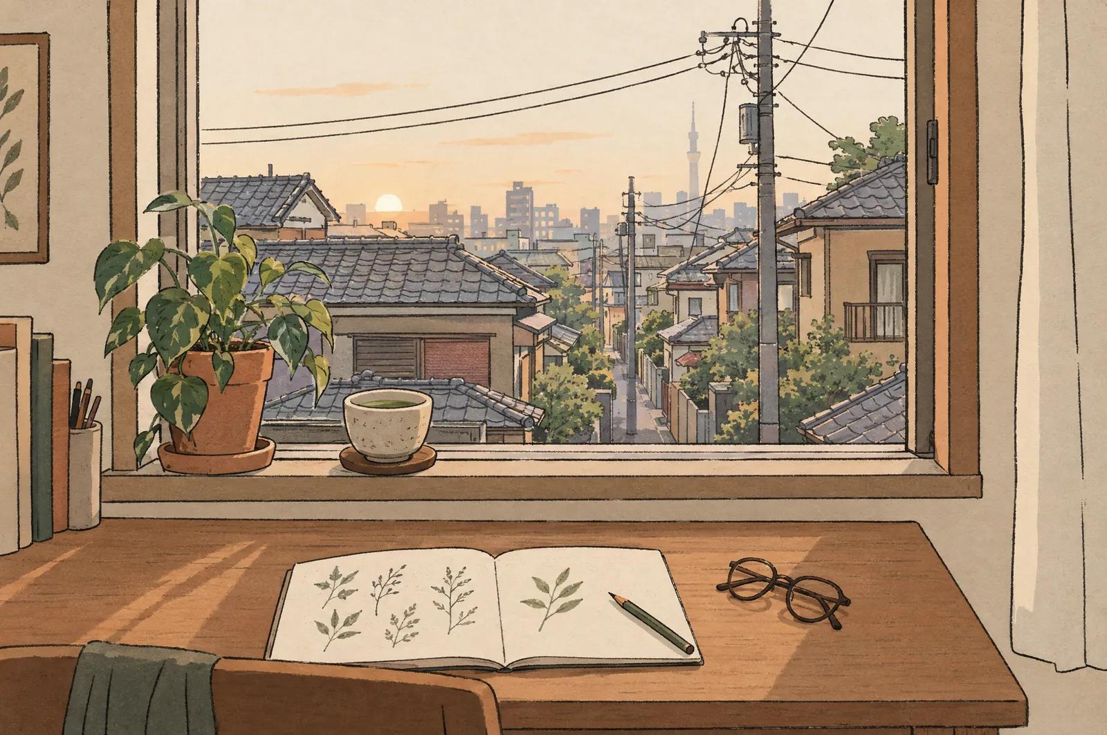 A window in a small Tokyo apartment at first light, with rooftops and power lines outside, a plant and a cup of tea on the sill, and a notebook of leaf sketches on the desk below.