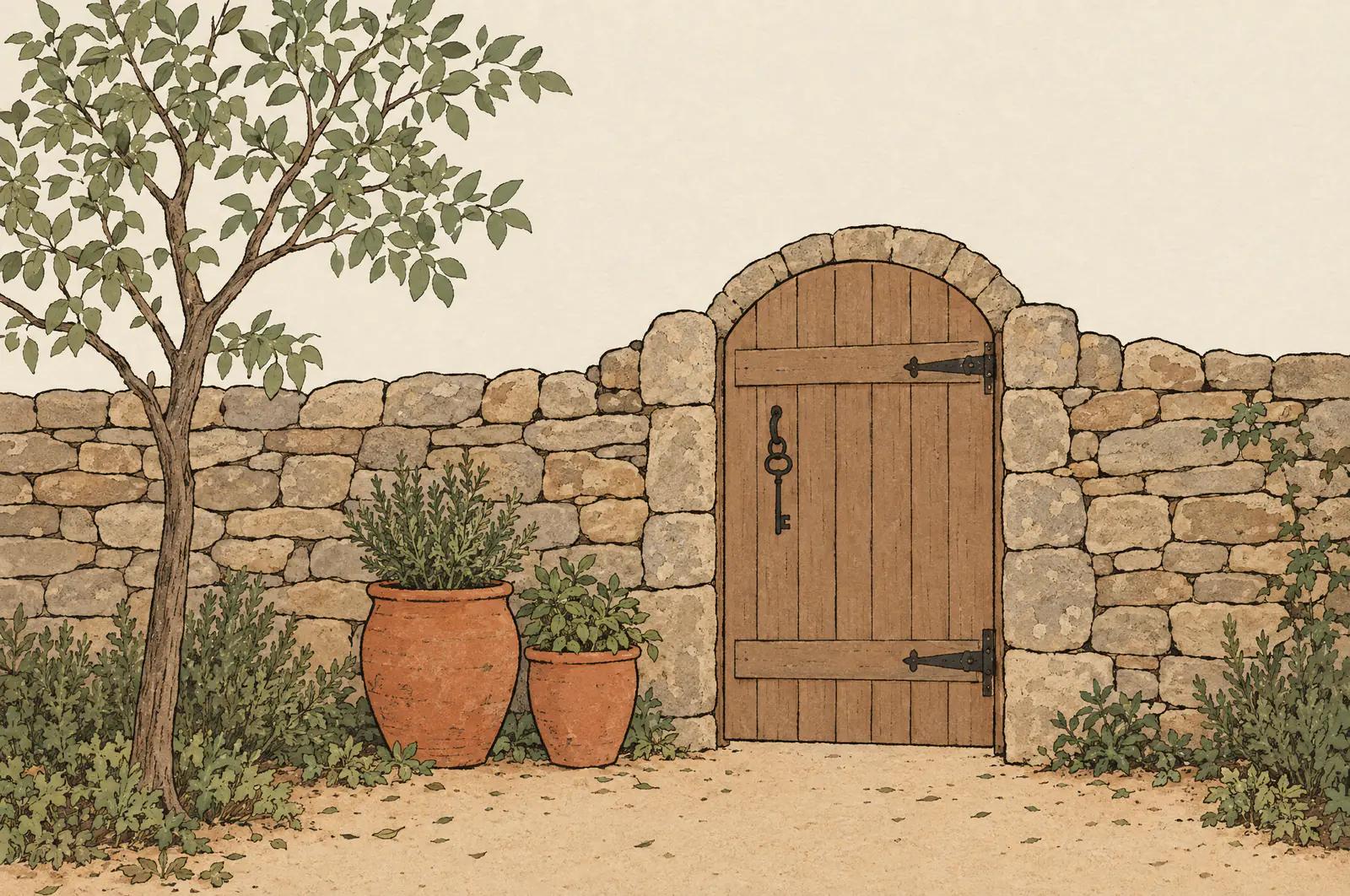A stone garden wall seen from inside, with an arched wooden gate and an iron key hanging on the inside of the gate, beside a young tree and terracotta pots.