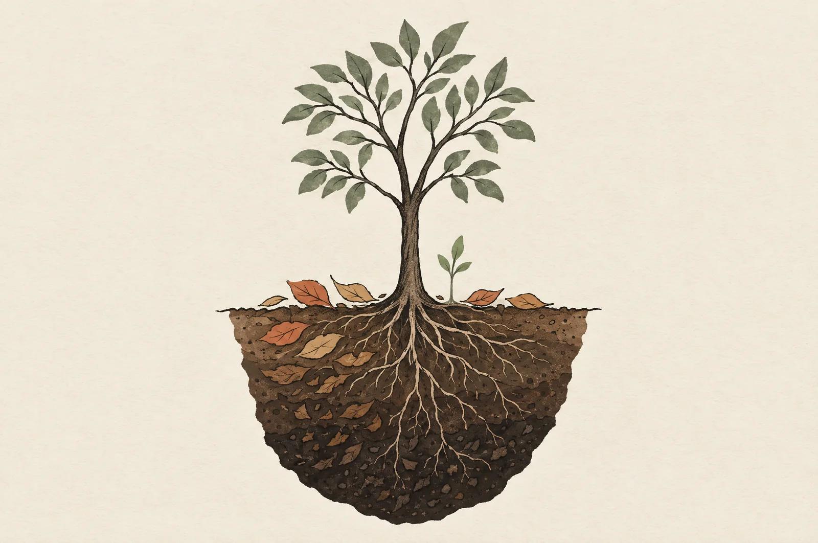 A small tree over a cross-section of the ground, where fallen leaves darken into layers of soil that its roots reach into, beside a new sprout.