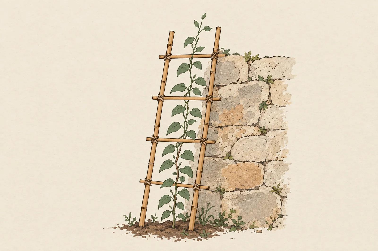 A young vine climbing straight up a bamboo trellis tied with twine, leaning against an old stone wall.