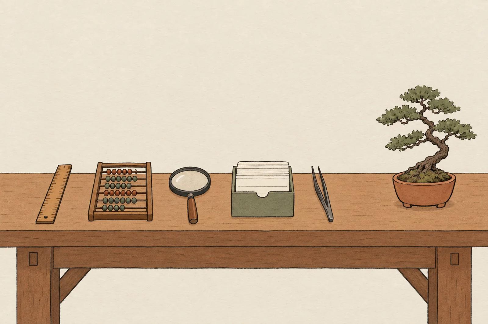 A workbench with a ruler, an abacus, a magnifying glass, a card box and tweezers laid out in order, and a small bonsai at the far end.
