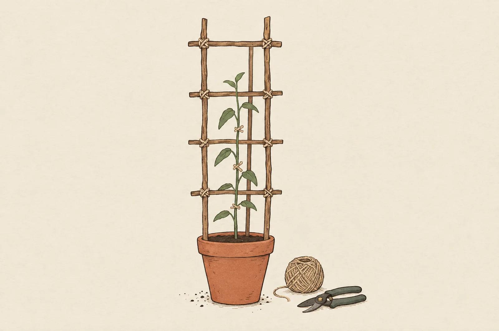 A young sprout in a clay pot, growing straight up a hand-built wooden trellis tied with twine.