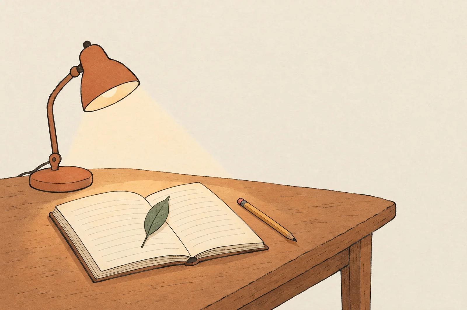 An open ledger on a desk under a lamp, a green leaf resting on its pages as a bookmark.