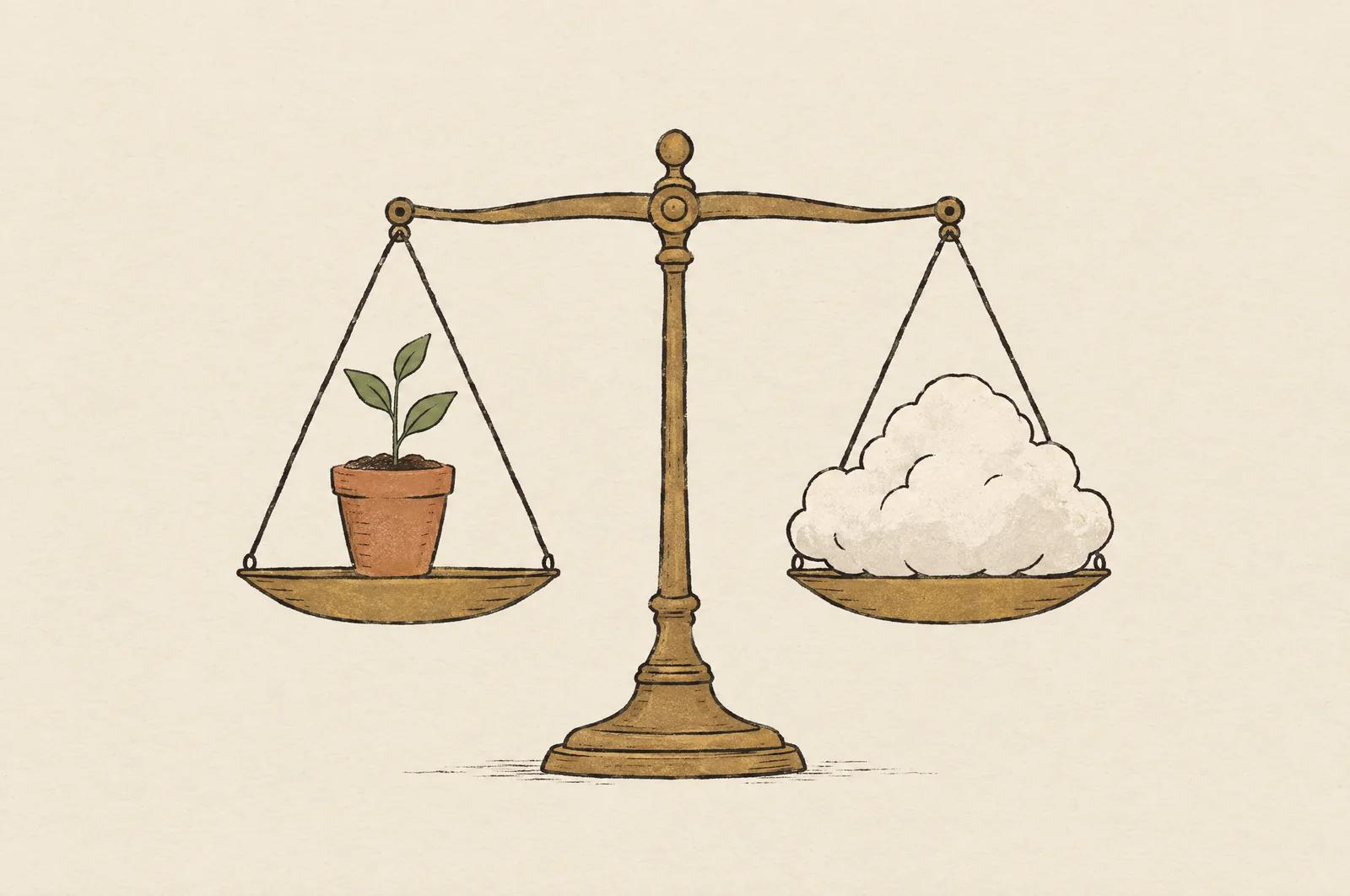 A brass balance scale, level, with a small potted sprout on one pan and a large cloud on the other.