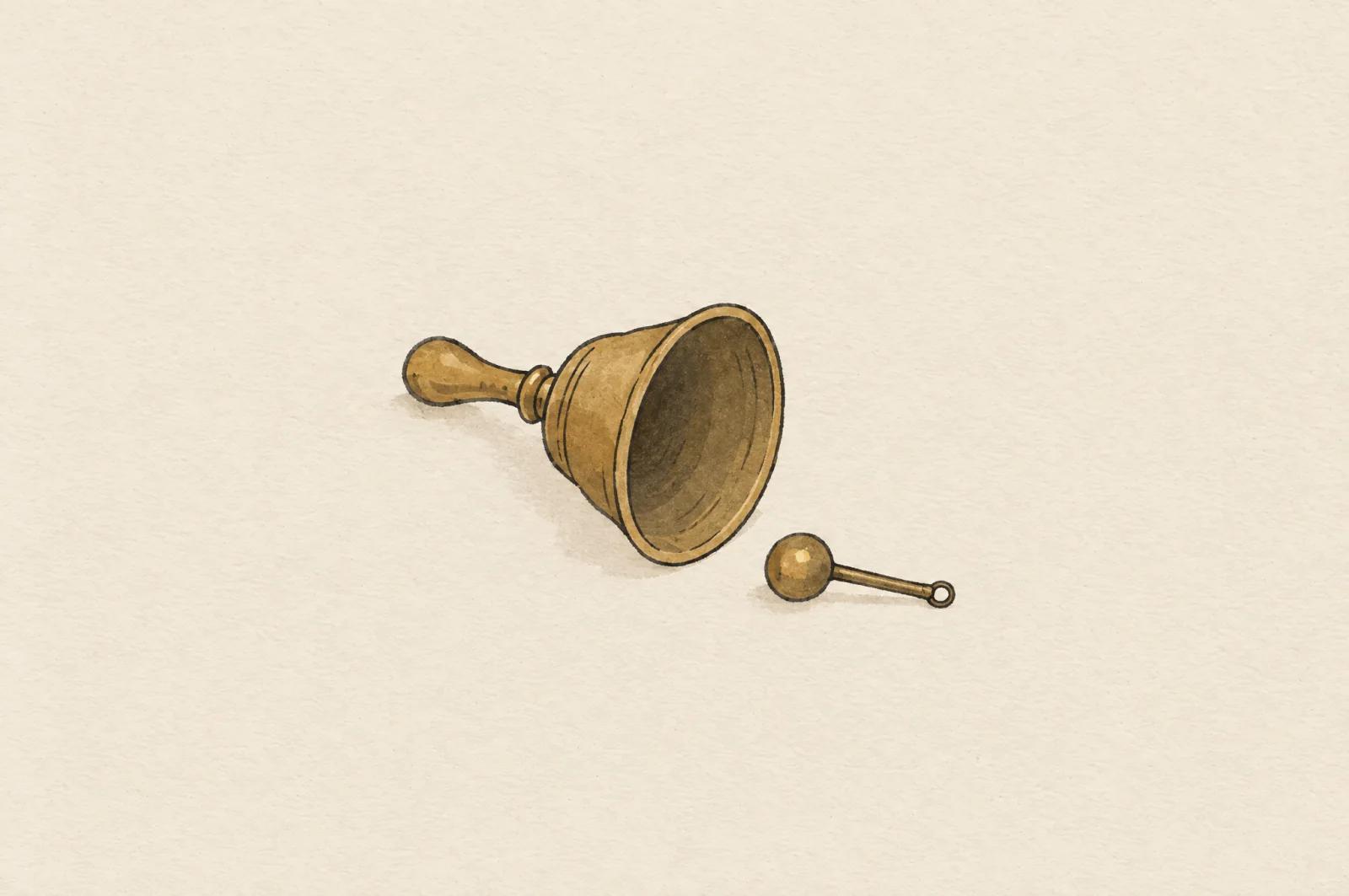 A small brass hand bell lying on its side on plain paper, empty inside, with its clapper set down beside it.