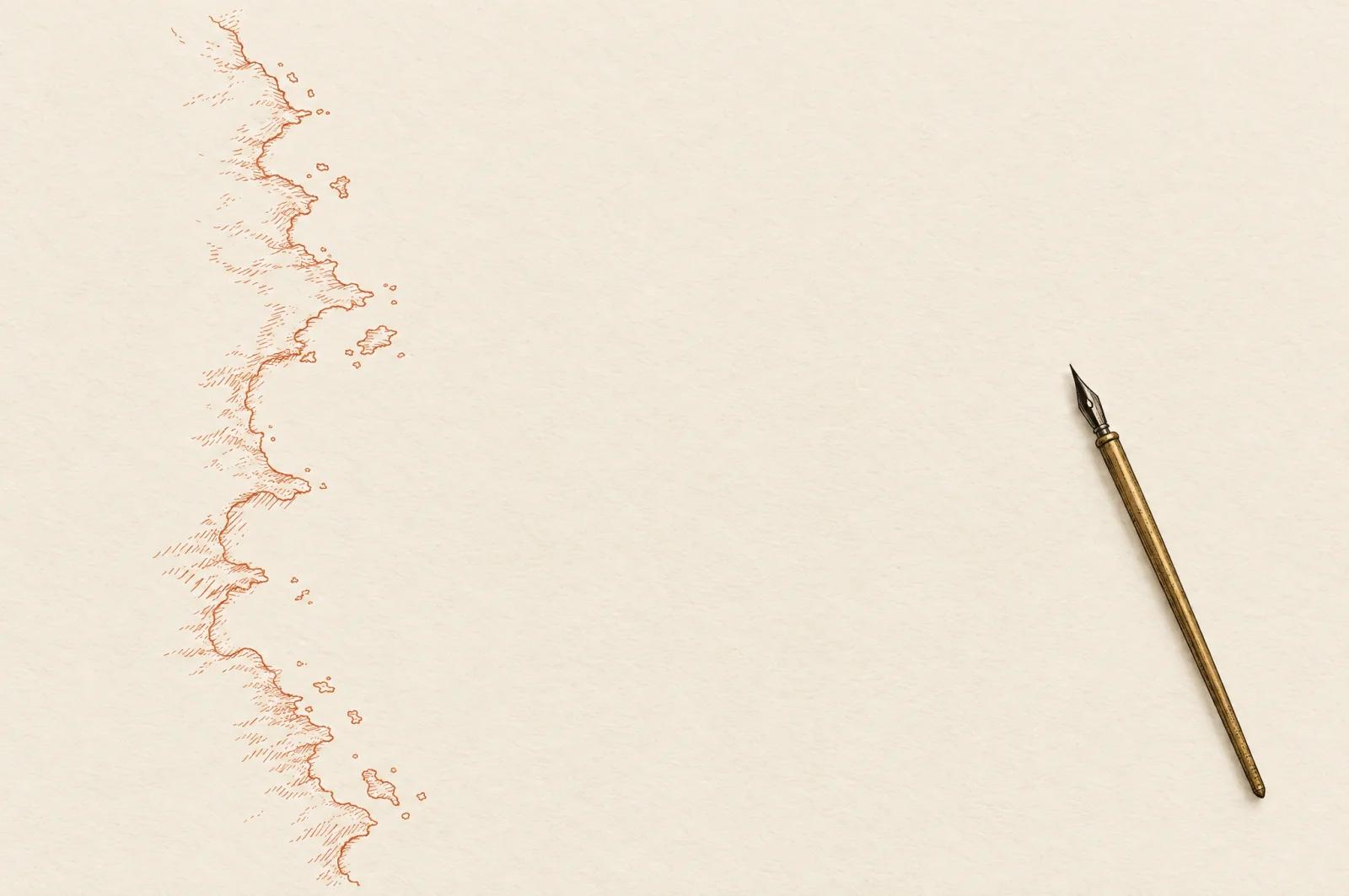 A sheet of plain paper with a delicate coastline drawn in terracotta ink down its left side, the rest of the sheet left blank, and a brass dip pen resting on the blank part.