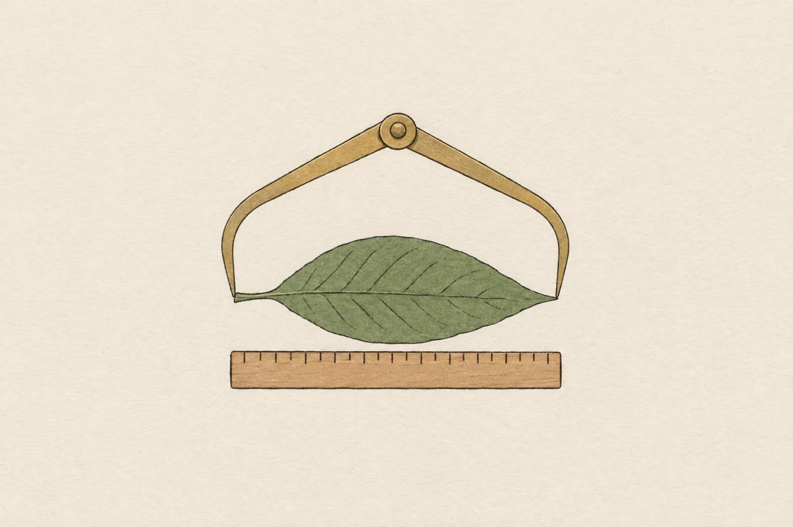 A single green leaf on paper, measured by a wooden ruler below it and a pair of brass calipers above it, both spanning exactly the same length.