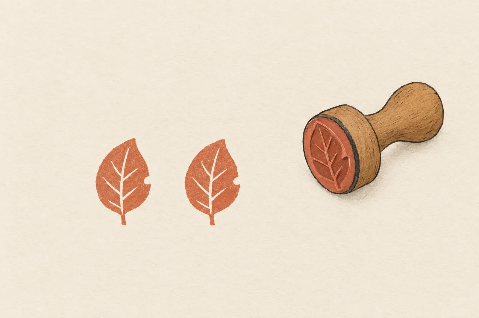 A wooden rubber stamp carved as a leaf, with a small chip in its edge, beside two terracotta prints of the leaf that both show the same chip.