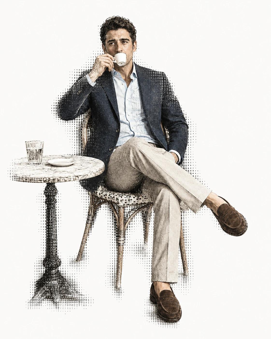 A character-halftone portrait of the FIT man sipping espresso, seated with one leg crossed in a navy sport coat, pale blue shirt, stone trousers and suede loafers on an off-white background.