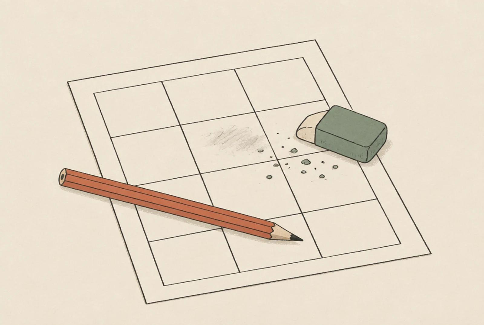 A sheet of notes with a pencil and eraser beside it