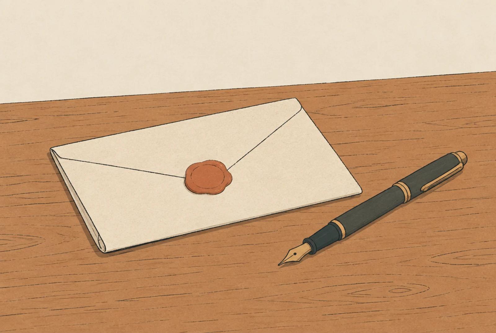 A folded letter with a plain wax seal and a fountain pen beside it