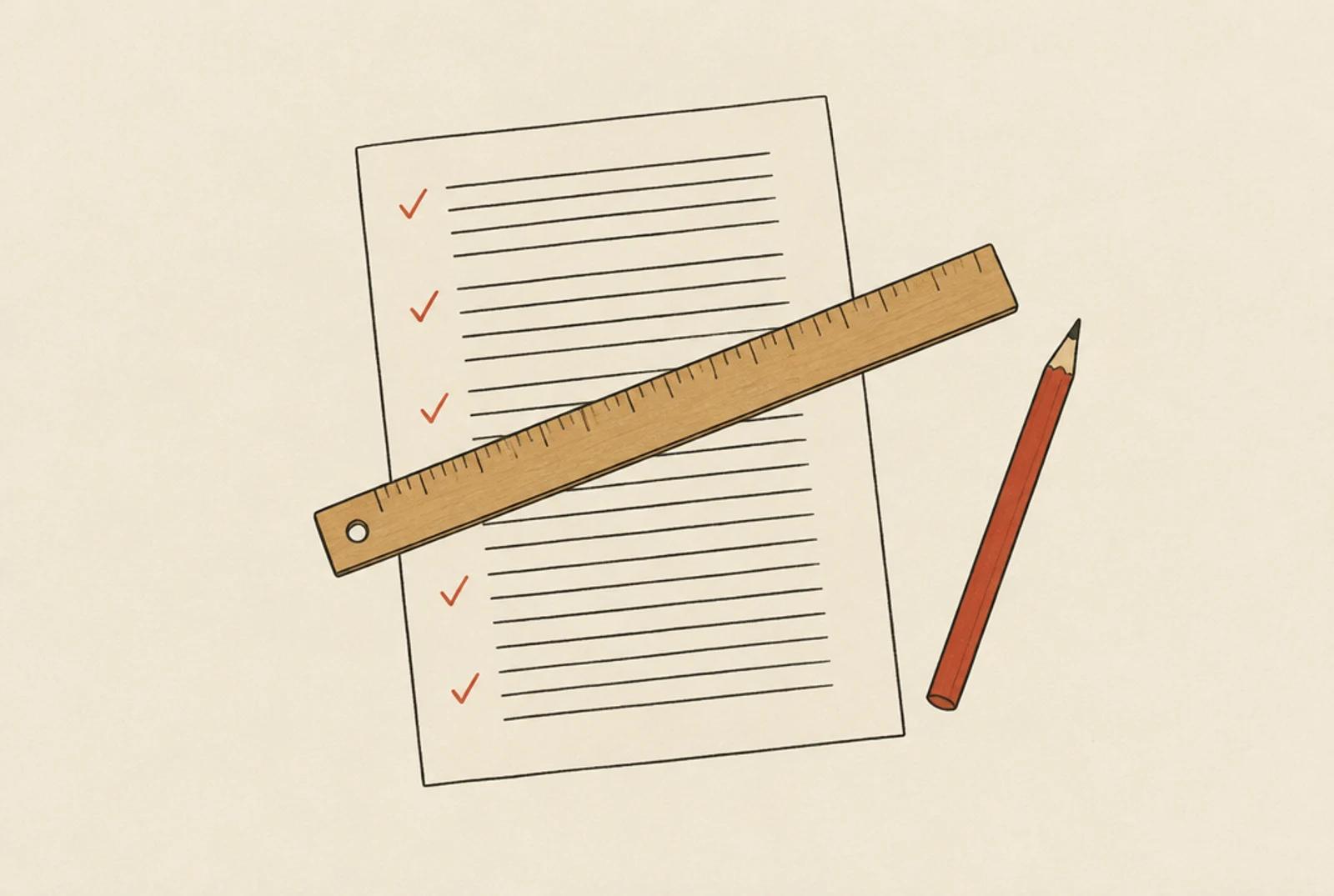 A page of figures being checked with a red pencil